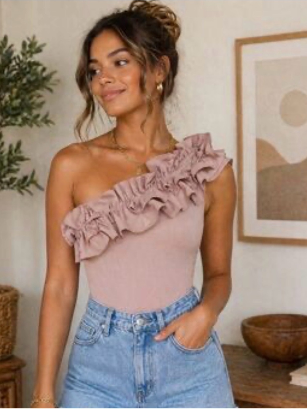 Express One-Shoulder Peplum Hem Ruffle Thong Ribbed Knit Bodysuit XL Lt. Pink